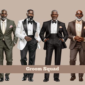 May include: Six individuals wearing formal suits and tuxedos in various colors including black, olive green, white, and brown. The attire includes dress shirts, ties, bow ties, and pocket squares. The text Groom Squad is centered at the bottom.