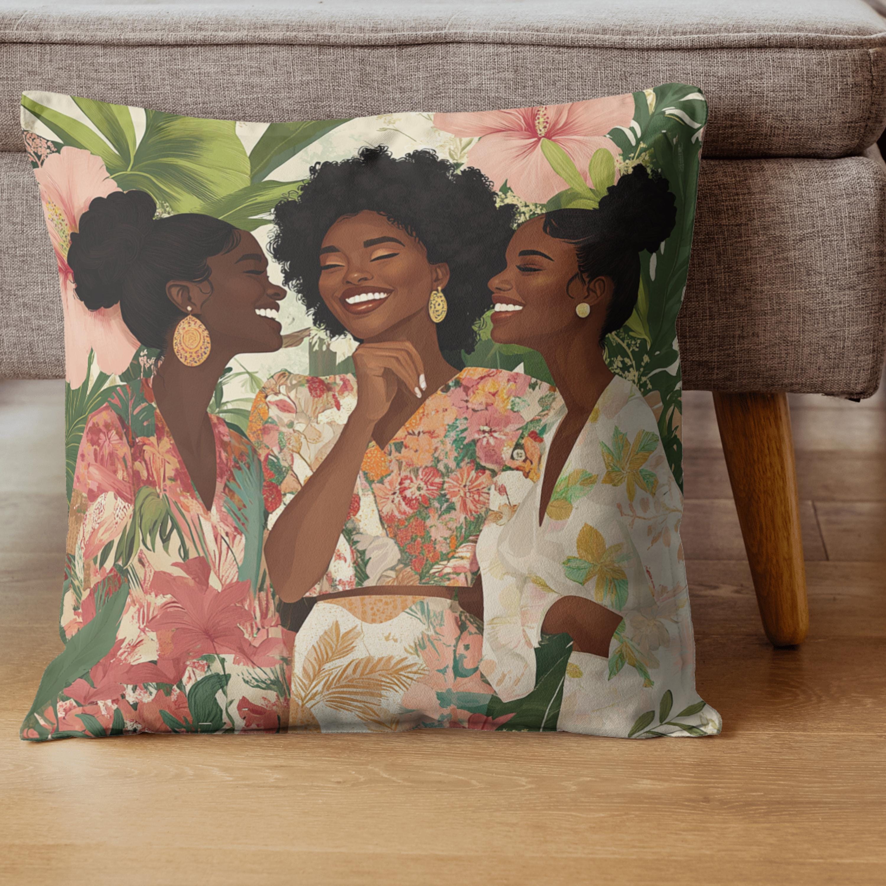 Black Women throw pillow African American Gift for Bestie decorative pillow Black Woman Floral Home Decor Black Queen
