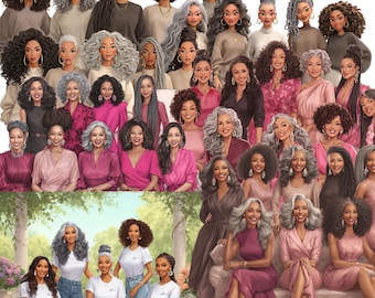 Beautiful Black Girl PNG Transparent African American Clipart Senior Black Women Mature Clipart Grandma Digital Stickers Older Black Woman