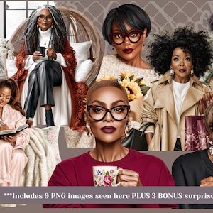 May include: A digital collection of nine diverse illustrations featuring individuals in various outfits and settings, including text that reads It's Cozy Season and Includes 9 PNG images seen here PLUS 3 BONUS surprise Images with a logo in the corner.