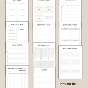 May include: A collection of printable meal planning and grocery list templates. Includes daily, weekly, and monthly meal planners, a macro tracker, and grocery lists. The text "MEAL PLAN & GROCERY LIST" is at the top. Print out in A4, A5, and Letter sizes.