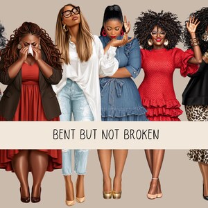 K&ouml;nnte beinhalten: Eine digitale Illustration mit acht verschiedenen Figuren in unterschiedlichen Outfits, darunter Kleider, Blazer und Jeans, mit dem zentrierten Text BENT BUT NOT BROKEN. Die Figuren zeigen verschiedene Frisuren und Posen, mit einem Logo oben rechts.