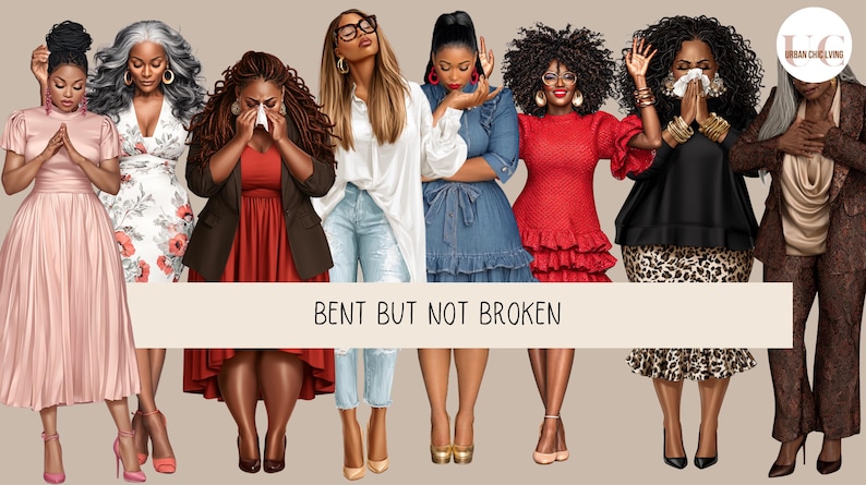 K&ouml;nnte beinhalten: Eine digitale Illustration mit acht verschiedenen Figuren in unterschiedlichen Outfits, darunter Kleider, Blazer und Jeans, mit dem zentrierten Text BENT BUT NOT BROKEN. Die Figuren zeigen verschiedene Frisuren und Posen, mit einem Logo oben rechts.
