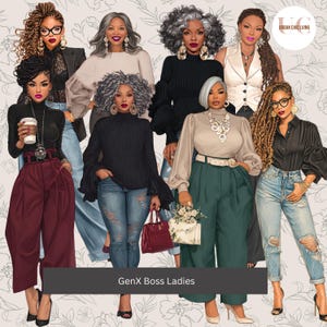 Könnte beinhalten: Illustration von sieben stilvollen Frauen in verschiedenen Outfits. Die Frauen werden mit unterschiedlichen Frisuren und Accessoires dargestellt, darunter Brillen und Schmuck. Der Text "GenX Boss Ladies" ist unten zu sehen. Der Hintergrund zeigt ein Blumenmuster.