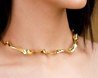 Crumpled Choker Necklace | Contemporary, Dull Gold | Holidays, Birthday, Gift for Her