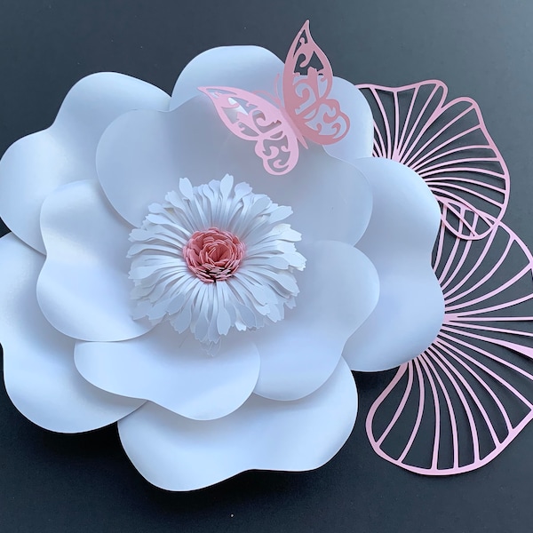 SVG/DXF Paper Flower Template 56 + butterfly, leaf and 2 Fringes