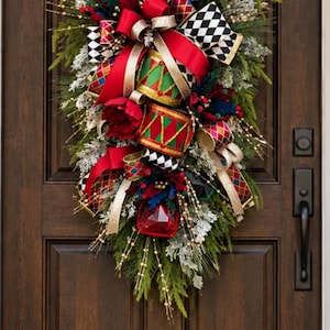 Harlequin Nutcracker vibe Christmas Swag, front door decor