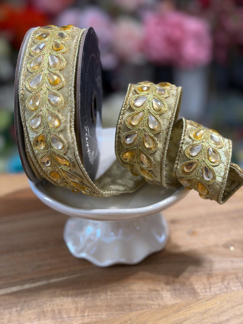Jewled Ribbon Jeweled Gold Ribbon Wired 1.25 X 5 Yards, RG712-50 - Etsy