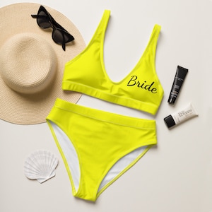 Neon Yellow Bride Swimsuit Personalized Bride Women&#39;s Swimwear, Mrs. Honeymoon two piece bathing suit, high-waisted bikini