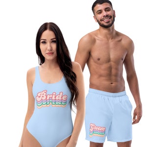 Couples Matching Swimsuits Women's one piece swimsuit  and Men's swim trunks shorts, retro "Bride" "Groom" Swimwear for wife/husband wedding