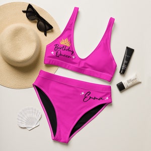 Birthday Queen women&#39;s Bikini, Personalized swimsuit, women&#39;s birthday gift, neon hot pink Recycled high-waisted bikini