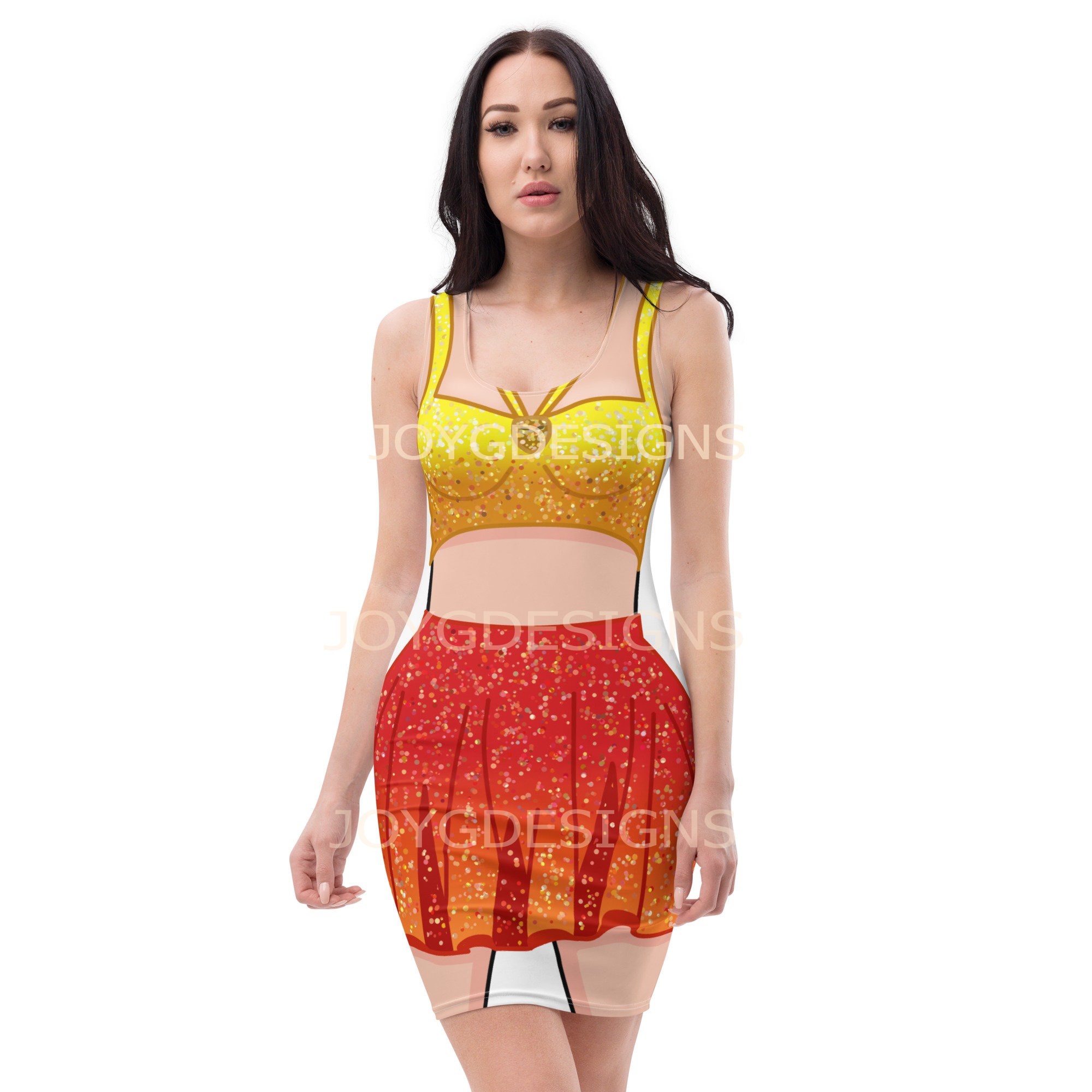 Pop star concert yellow red outfit, Halloween costume, (NOT real glitter or sparkles, design is printed onto fabric)
