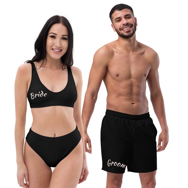 Personalized Couples Matching Swimsuits Men's "Groom" swim shorts and Women's two piece "Bride" swimsuit Honeymoon swimwear, wedding gift