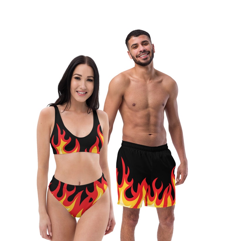 Couples Matching Swimsuits, Women's bikini, Men's Swimsuit trunks Fire Flames, pool party outfit 2022, wedding gift, Men's women's swimsuits 