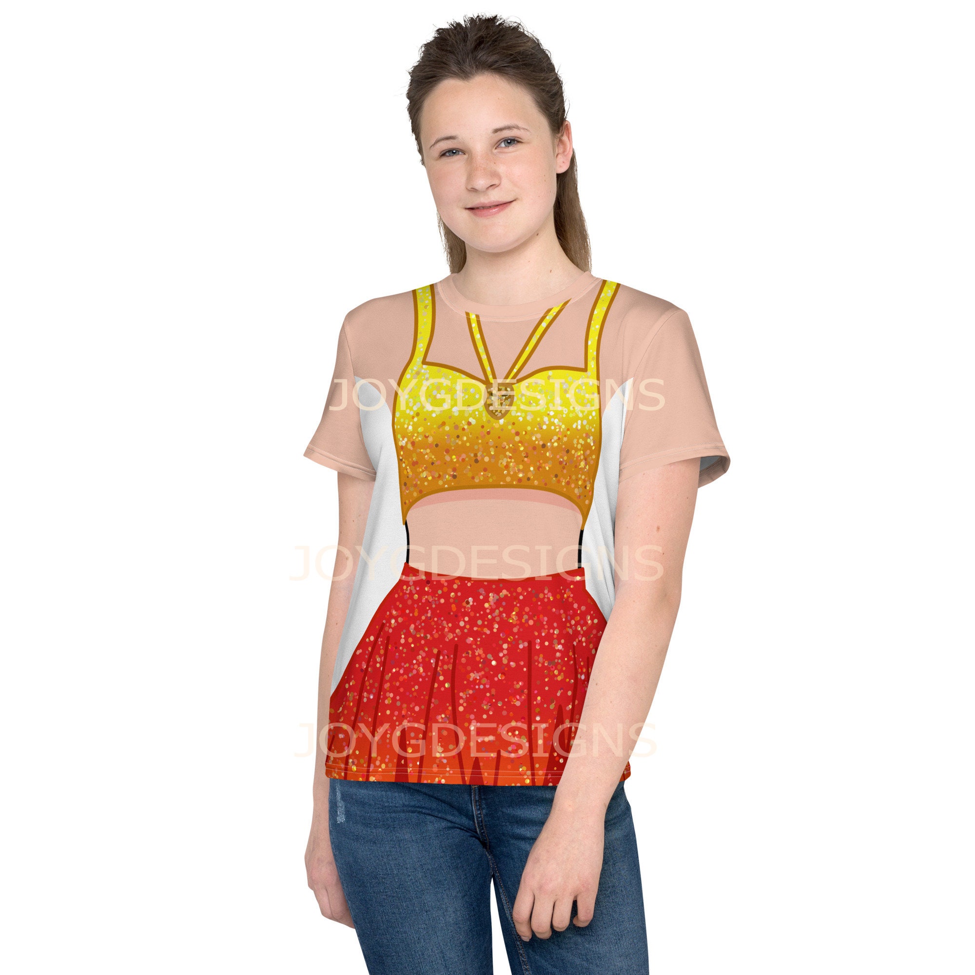 Pop Star Girls  concert yellow red outfit, Halloween shirt, (NOT real glitter or sparkles, design is printed onto fabric)