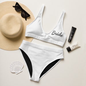 White Bride Swimsuit Personalized Bride Women&#39;s Swimwear, Mrs. Honeymoon two piece bathing suit, Recycled high-waisted bikini
