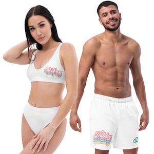 Matching swimsuits, couples Mr. and Mrs., Hubby, Wife, Rainbow, honeymoon swimwear, beach wedding, bachelor, bachelorette party swim trunks