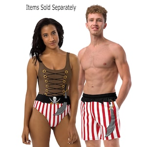 May include: A red and white striped swimsuit with a brown bodice and a skull and crossbones design. The swimsuit has a black belt with a gold buckle and a silver sword design. The swimsuit is paired with red and white striped swim trunks with a black waistband and a silver sword design.