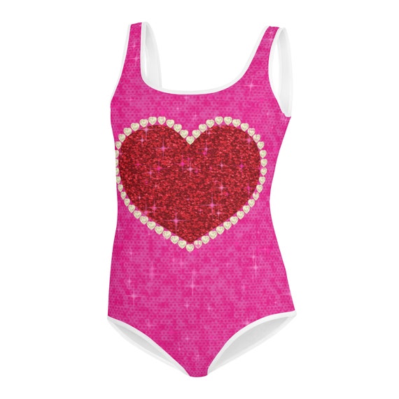 Girl's Red and Pink Heart Swimsuit, Teens and Tweens One Piece Swimsuit not  Real Sparkles or Jewels 