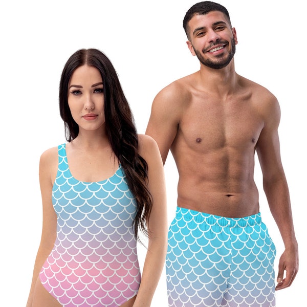 Couples Matching Swimsuit Mermaid pattern, Women's Mermaid Swimsuit, Men's mermaid swim trunks, Women's One-Piece Swimsuit,