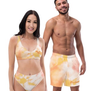 Tie Dye Couples Matching swimsuits, Husband and wife swimsuits, honeymoon swimsuit, Mr. and Mrs., wedding gift  swim trunks, bikini