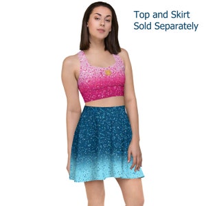 Pop star concert outfit, pink and blue, top & skirt sold separately (NOT real glitter or sequins, design is printed onto fabric)