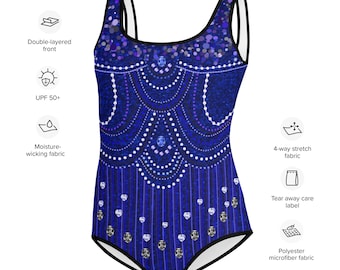 Taylor inspired blue girls costume, concert wear, Halloween, Youth Swimsuit (not real sequins or jewels, design is printed on)