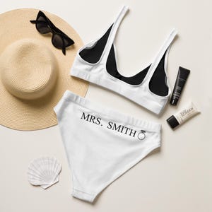 White Bride bikini, Personalized Bride Swimwear, Mrs. Honeymoon two piece bathing suit, high-waisted bikini