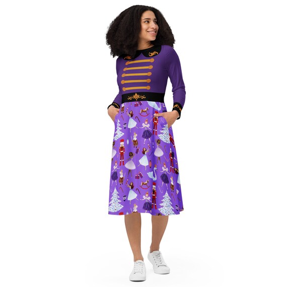 purple nutcracker dress Nutcracker Christmas Dress for Women or Teens, Purple Holiday Costume Dress,  Long Sleeve Midi Dress, Regular and Plus Sizes