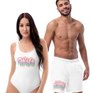Matching swimsuits, couples Mr. and Mrs., Hubby, Wife, Rainbow, honeymoon swimwear, beach wedding, bachelor, bachelorette party swim trunks