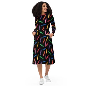 Crayon dress, back to school outfit, teacher dress, long sleeve midi dress, pockets, regular and plus sizes