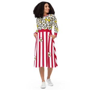 Movie popcorn dress, Halloween costume, long sleeve midi dress, pockets, regular and plus sizes