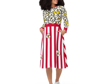 Movie popcorn dress, Halloween costume, long sleeve midi dress, pockets, regular and plus sizes