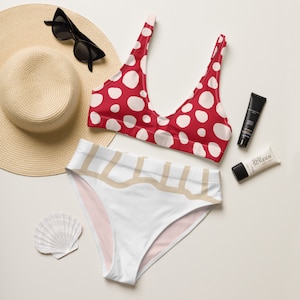 Red Mushroom bikini, fungi, red and white, Women&#39;s Recycled high-waisted bikini