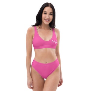 Personalized Pink Bride bikini bathing suit, Women&#39;s Swimwear Mrs. Honeymoon two piece swimsuit Recycled high-waisted bikini