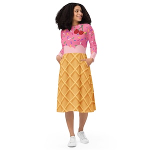 Ice Cream dress, Halloween costume, cherries, teacher dress, long sleeve midi dress, regular and plus sizes