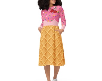 Ice Cream dress, Halloween costume, cherries, teacher dress, long sleeve midi dress, regular and plus sizes