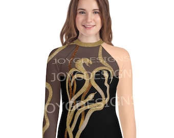 Disfraz de estrella del pop con serpiente dorada, SOLO camiseta de manga larga, traje de concierto, rash guard juvenil (NO malla real, brillo, lentejuelas, el diseño es solo estampado)