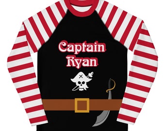 Maillot de bain anniversaire pirate Rash Guard top, garçons et filles, maillot de bain anniversaire personnalisé, fête pirate, UPF 50+