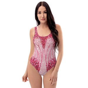 Pop star concert bodysuit flamingo pink, One-Piece Swimsuit, (not real sequins, design is printed onto fabric)