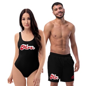 Matching swimsuits, Mr. and Mrs., Bridal black and red swimsuits, couples matching swimwear, wedding gift, honeymoon swimsuit, One-Piece