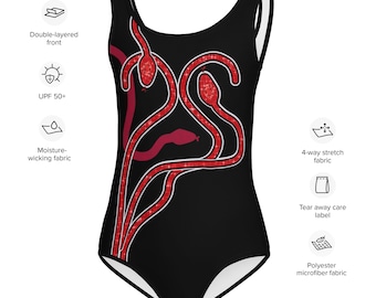 Taylor inspired red snakes concert outfit, Kids Swimsuit, Halloween costume, (Not real sparkles, design is printed on)