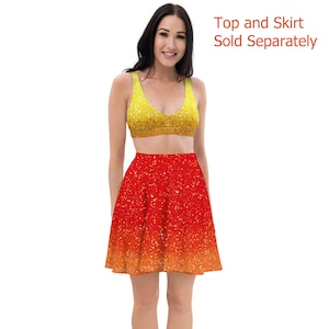 Pop star concert outfit, red and gold, top & skirt sold separately (NOT real glitter or sequins, design is printed on fabric)