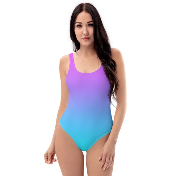 Ombre Neon Purple and Blue Women's One-piece Swimsuit, Y2k