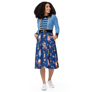 Nutcracker dress, blue, Women&#39;s and teens Holiday dress, nutcracker costume, long sleeve midi dress, regular and plus sizes