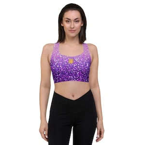 Pop star Purple top concert wear, sports bra (NOT real glitter or sequins, design is printed onto fabric)