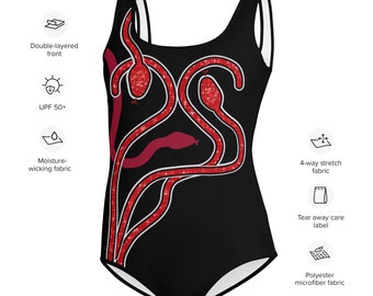 Taylor inspired red snakes concert outfit, Youth Swimsuit, Halloween costume (Not real sparkles, design is printed on)