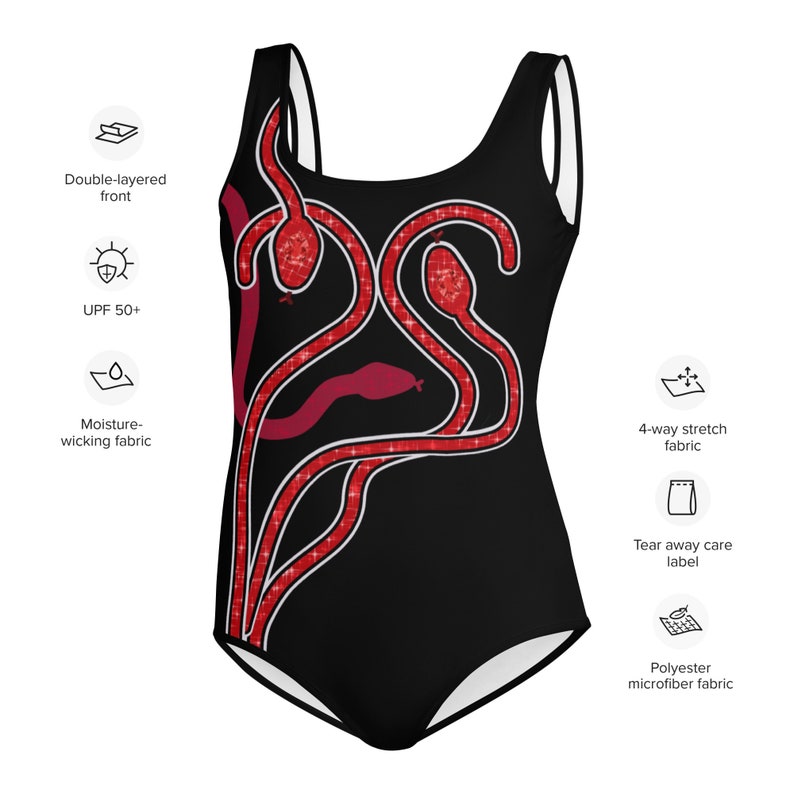 Taylor inspired red snakes concert outfit, Youth Swimsuit, Halloween costume (Not real sparkles, design is printed on)