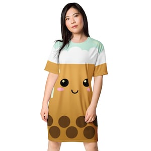 Cute Boba cup T-shirt dress, Kawaii gift for her or him, boba birthday party, Holiday gift for teens and adults, regular and plus sizes