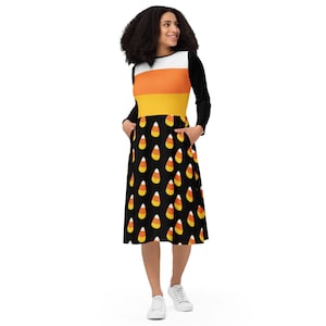 Candy Corn Frauenkleid, langärmeliges Midikleid mit Taschen, Halloween-Vibes,